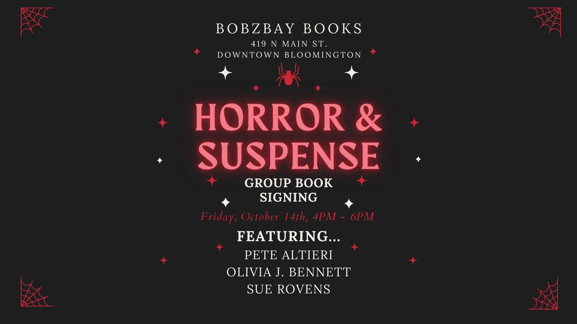 Horror + Suspense Author Book Signing (Pete Altieri, Olivia J. Bennett, and Sue Rovens)