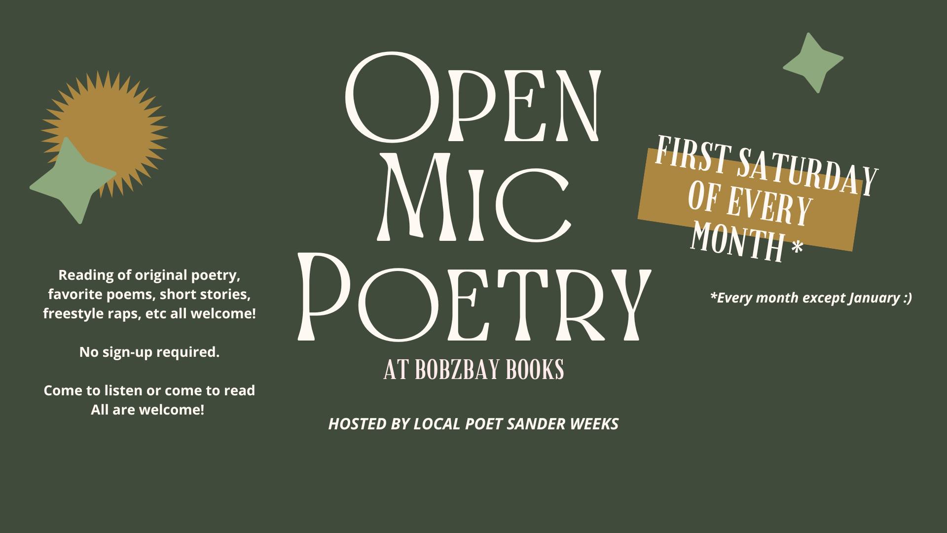 CANCELLED Open Mic Poetry at Bobzbay Books