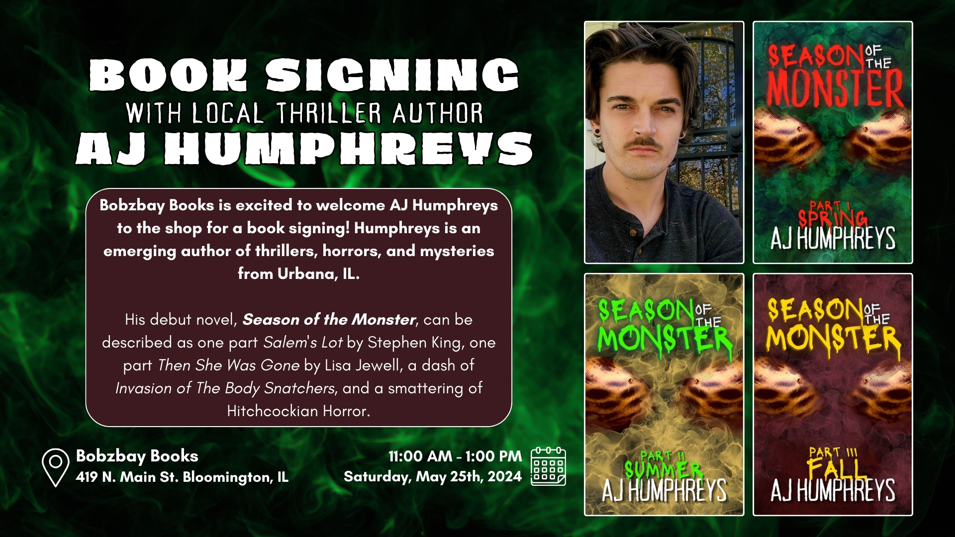 Book Signing with Illinois Horror / Thriller Author AJ Humphreys at Bobzbay Books
