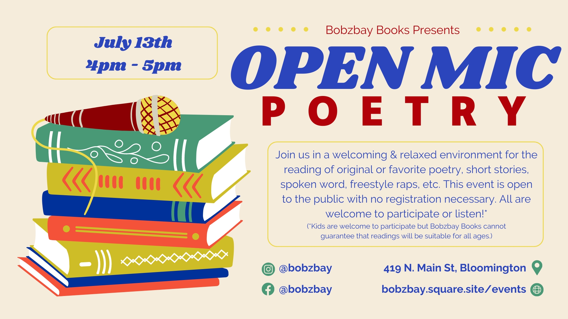 July Open Mic Poetry at Bobzbay Books