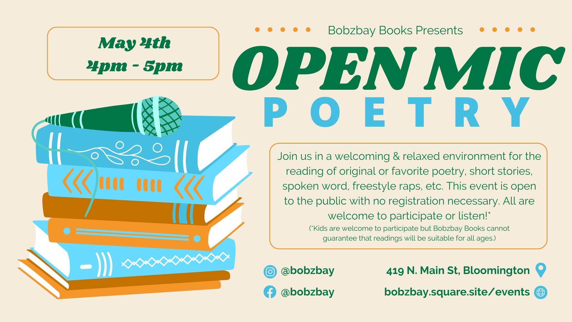 May Open Mic Poetry at Bobzbay Books