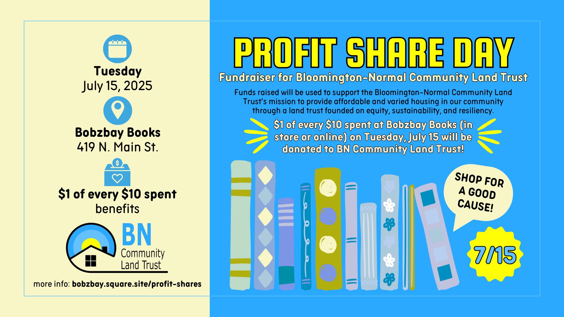 Profit Share Day Fundraiser for Bloomington-Normal Community Land Trust at Bobzbay Books