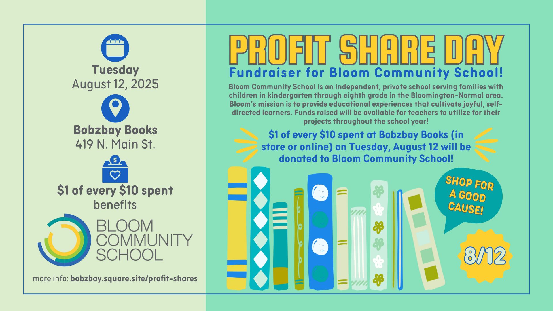 Profit Share Day Fundraiser for Bloom Community School at Bobzbay Books