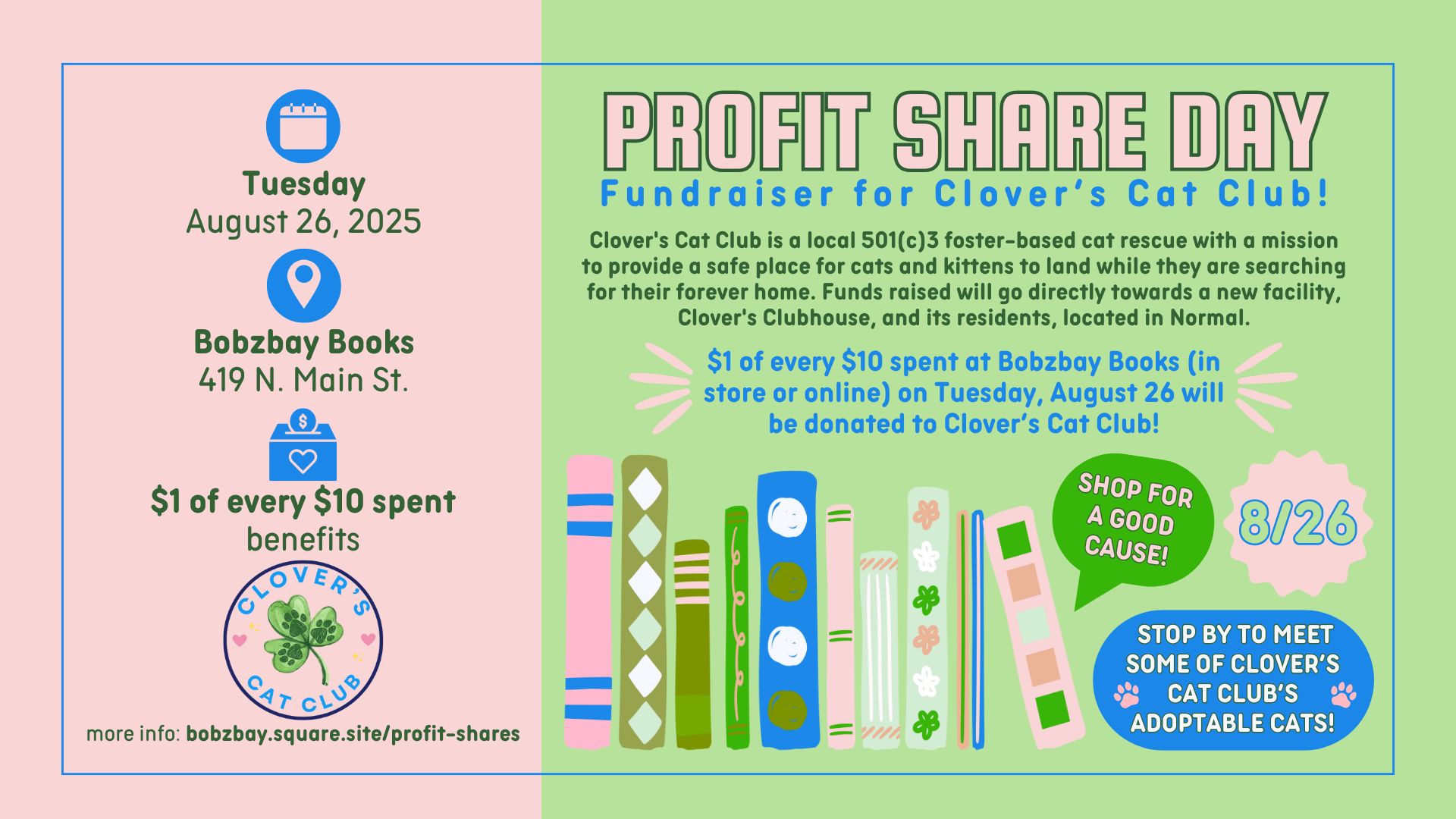 Profit Share Day Fundraiser for Clover's Cat Club at Bobzbay Books - PLUS: Meet Adoptable Cats!
