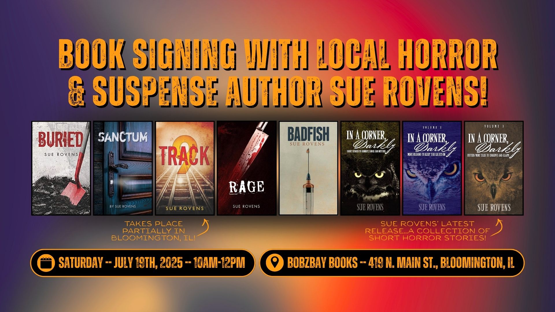 Book Signing with Local Horror & Suspense Author Sue Rovens at Bobzbay Books!