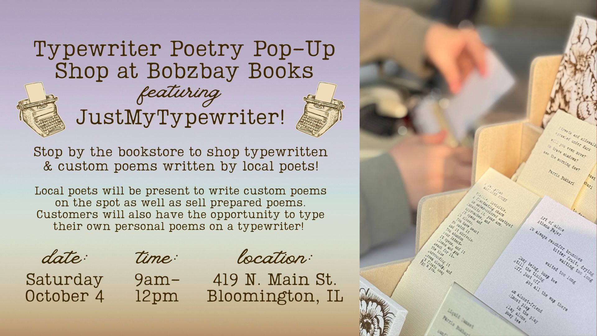 Typewriter Poetry Pop-Up Shop at Bobzbay Books featuring JustMyTypewriter!