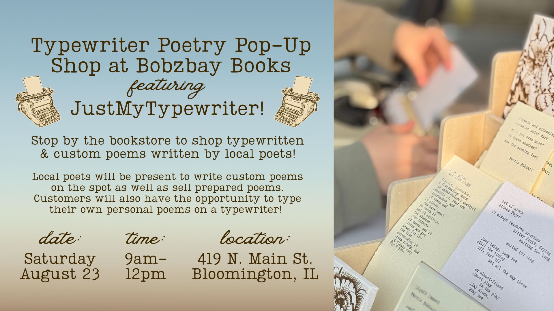 Typewriter Poetry Pop-Up Shop at Bobzbay Books featuring JustMyTypewriter!