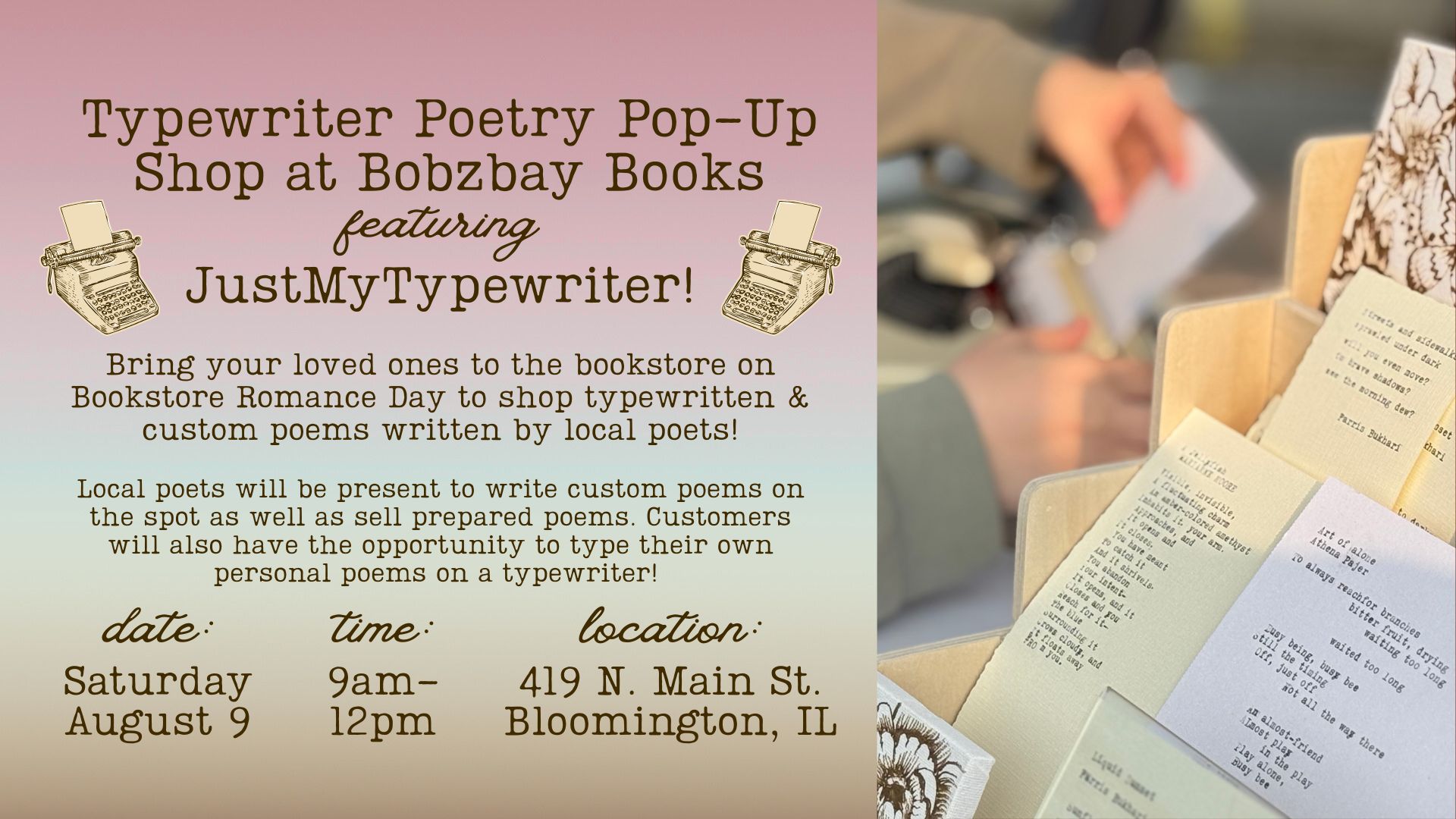 Typewriter Poetry Pop-Up Shop at Bobzbay Books featuring JustMyTypewriter!