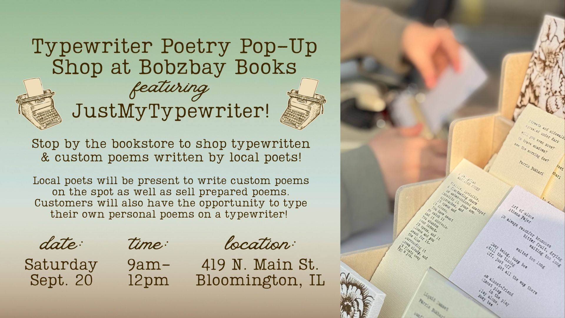 Typewriter Poetry Pop-Up Shop at Bobzbay Books featuring JustMyTypewriter!