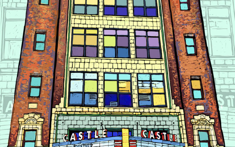 VisitBN Slow Art Day Sticker Project Carolina Rodriguez Castle Theater in Normal, IL