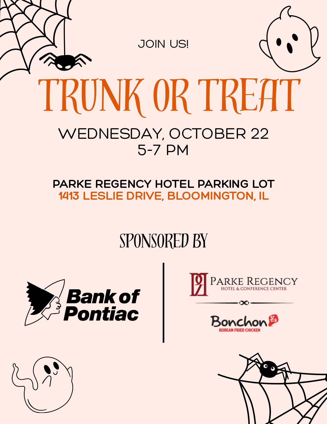Trunk or Treat brought to you by Pontiac Bank, Parke Regency Hotel & Conference Center, and Bonchon Korean Restaurant