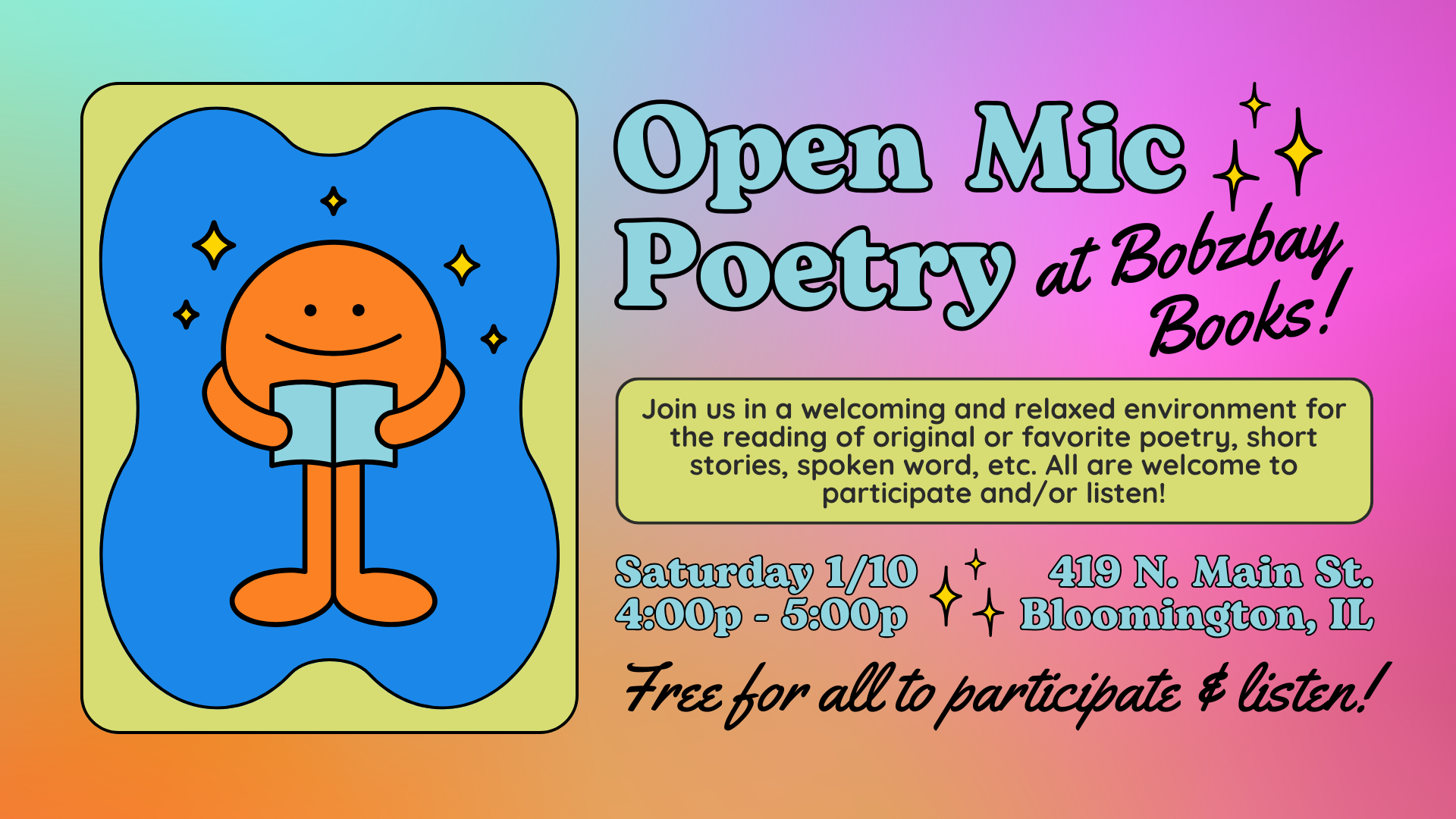 January Open Mic Poetry at Bobzbay Books!